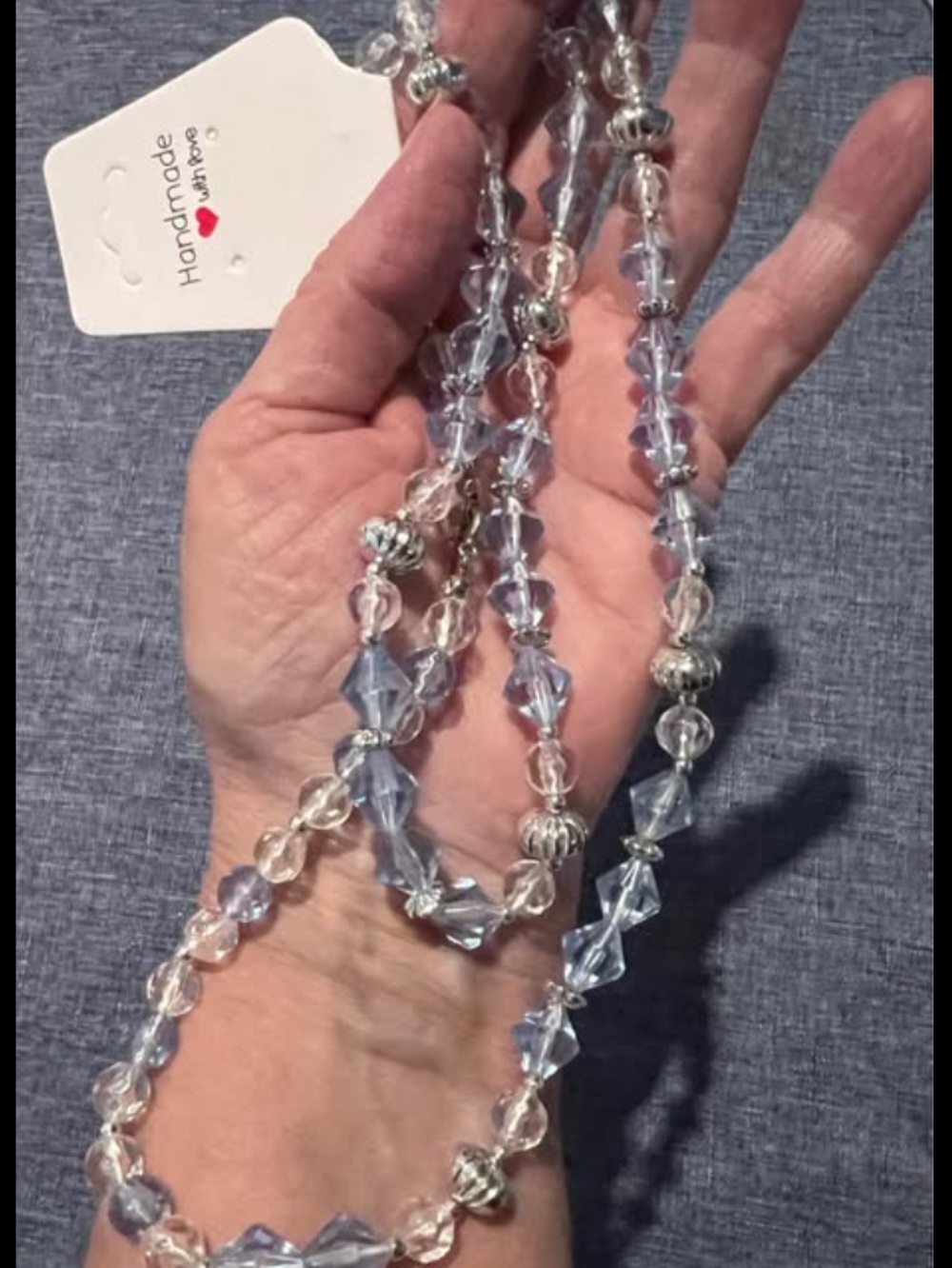 Hand Crafted Light Blue & Clear Crystal Beaded Necklace with a Touch of Silver